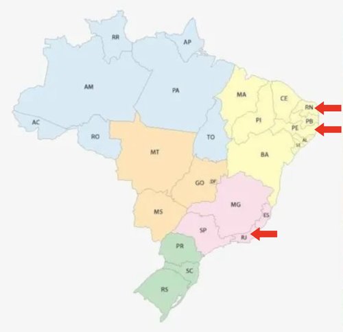 Map of the Brazilian shore showing hyperbaric chambers placed at Naval Hospitals